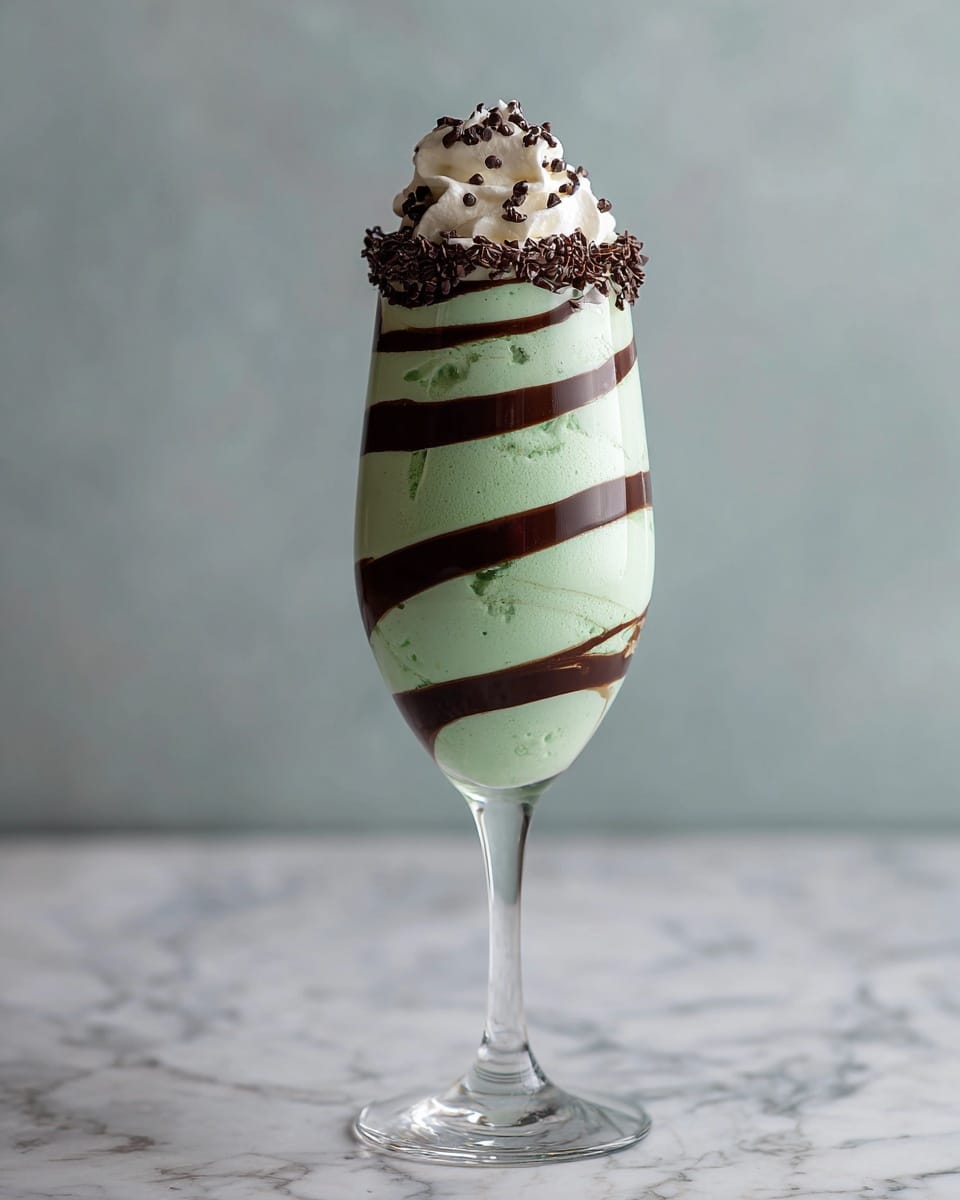 This image shows a tall, clear wine glass filled with a smooth, light green creamy mint dessert. There are four thin, wavy dark brown chocolate stripes wrapping around the glass vertically, evenly spaced from top to bottom. At the top, there is a dollop of white whipped cream with a few dark chocolate sprinkles scattered on it. The glass stands against a soft grey background, placed on a white marbled surface. Photo taken with an iphone --ar 4:5 --v 7