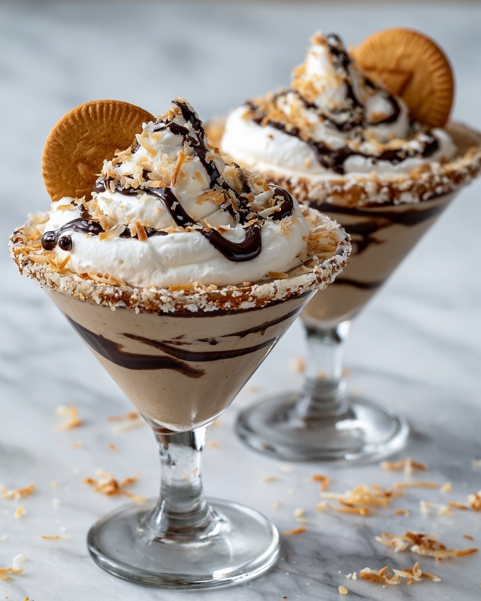 Two clear martini glasses sit on a white marbled surface, each filled with a smooth light brown mousse that has thin dark chocolate lines swirling inside the glass. The mousse is topped with a thick layer of white whipped cream sprinkled with golden toasted coconut flakes. Each glass is garnished on the rim with a round cookie covered in toasted coconut and striped with dark chocolate. Extra cookies and scattered toasted coconut flakes are placed around the glasses. Photo taken with an iphone --ar 4:5 --v 7