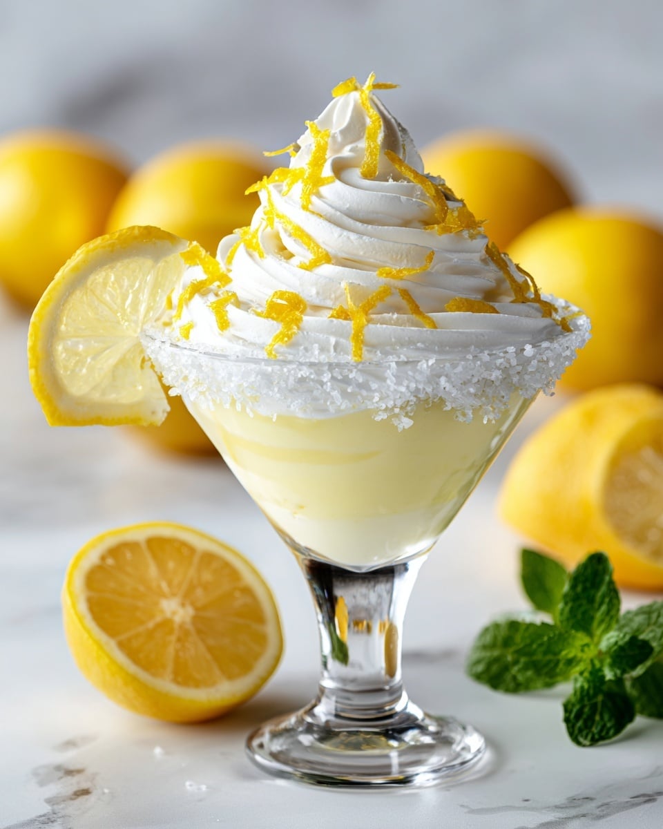 A clear martini glass with a sugar rim holds a creamy, pale yellow lemon mousse layered inside, topped with a tall swirl of white whipped cream. Thin yellow lemon peel strips decorate the whipped cream, and a thin lemon slice is placed on the rim of the glass. The glass sits on a white marbled texture with fresh bright yellow whole lemons, one lemon cut in half showing the juicy inside, and a small sprig of green mint leaves around the base of the glass. Photo taken with an iphone --ar 4:5 --v 7