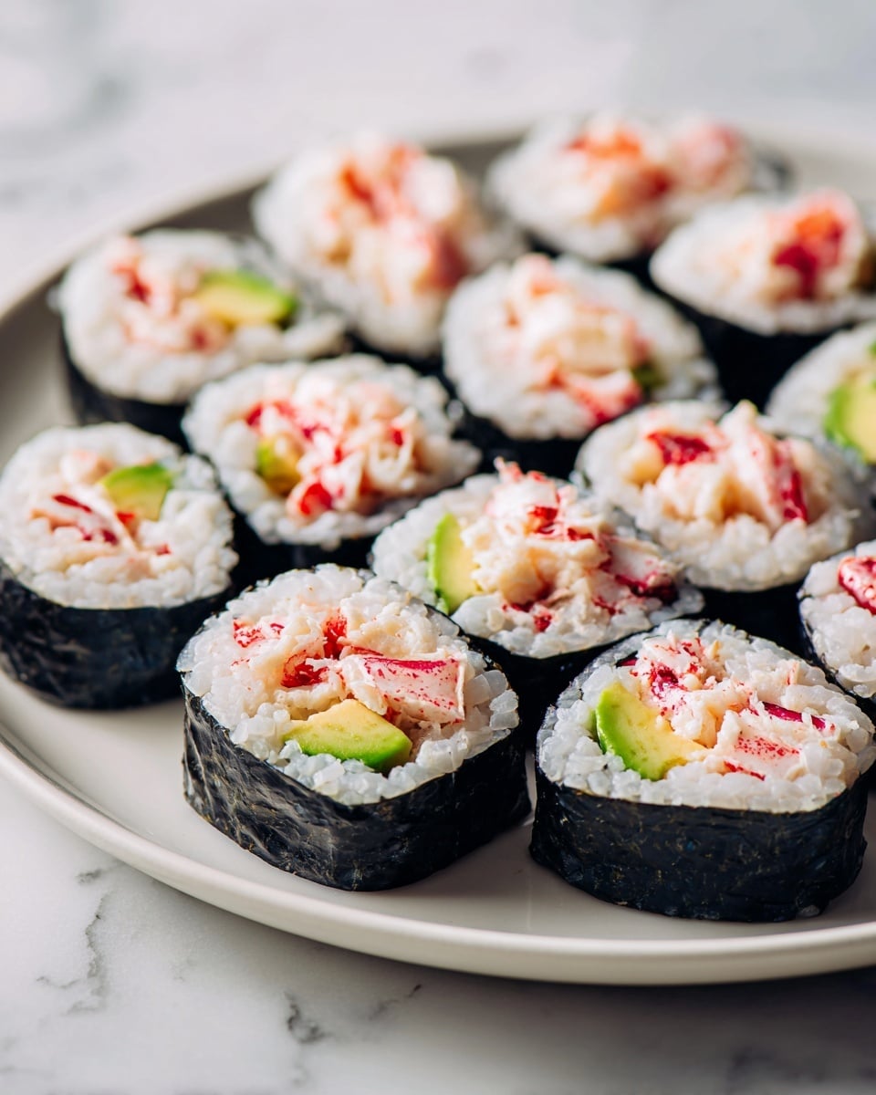 A white plate filled with thirteen sushi rolls arranged closely, each roll showing three layers: a black seaweed outer wrap, a thick layer of white sticky rice inside, and a filling of light pink crab meat mixed with small bits of green cucumber and avocado slices, giving a fresh contrast in color and texture; all placed on a white marbled surface. photo taken with an iphone --ar 4:5 --v 7