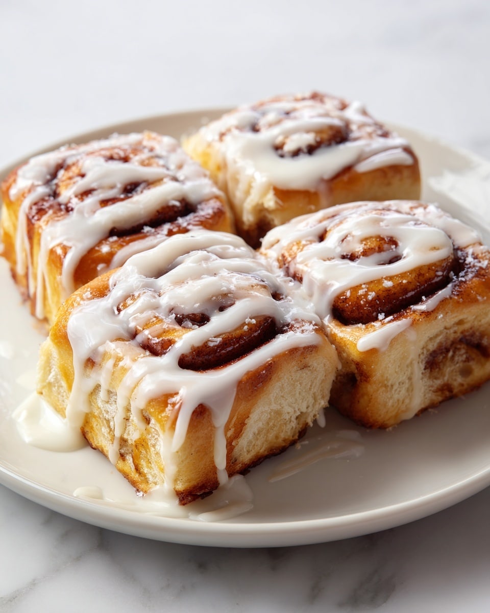 Four square pieces of cinnamon roll with visible layers of soft, light brown dough and dark cinnamon filling, topped with thick white icing drizzled evenly in stripes, sitting close together on a white plate. The plate rests on a white marbled surface. The cinnamon rolls look moist and fluffy with a slightly glossy finish from the icing. photo taken with an iphone --ar 4:5 --v 7