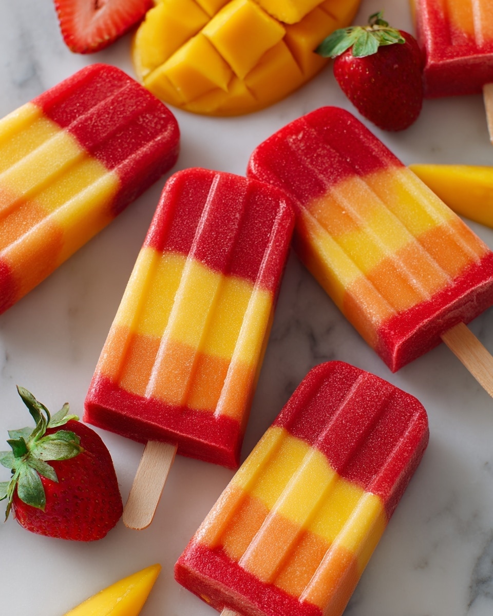 The image shows a close-up of colorful popsicles lying on a white marbled surface. Each popsicle has two layers: the bottom layer is bright yellow, smooth, and slightly translucent, while the top layer is a deep red, glossy, and evenly covers the yellow base, creating a vibrant two-tone effect. Surrounding the popsicles are fresh chunks of mango, with bright golden yellow flesh and smooth texture, and a halved strawberry showing its bright red interior and green leafy top. The popsicles have wooden sticks inserted at the bottom, and the whole scene looks fresh and cool. Photo taken with an iphone --ar 4:5 --v 7