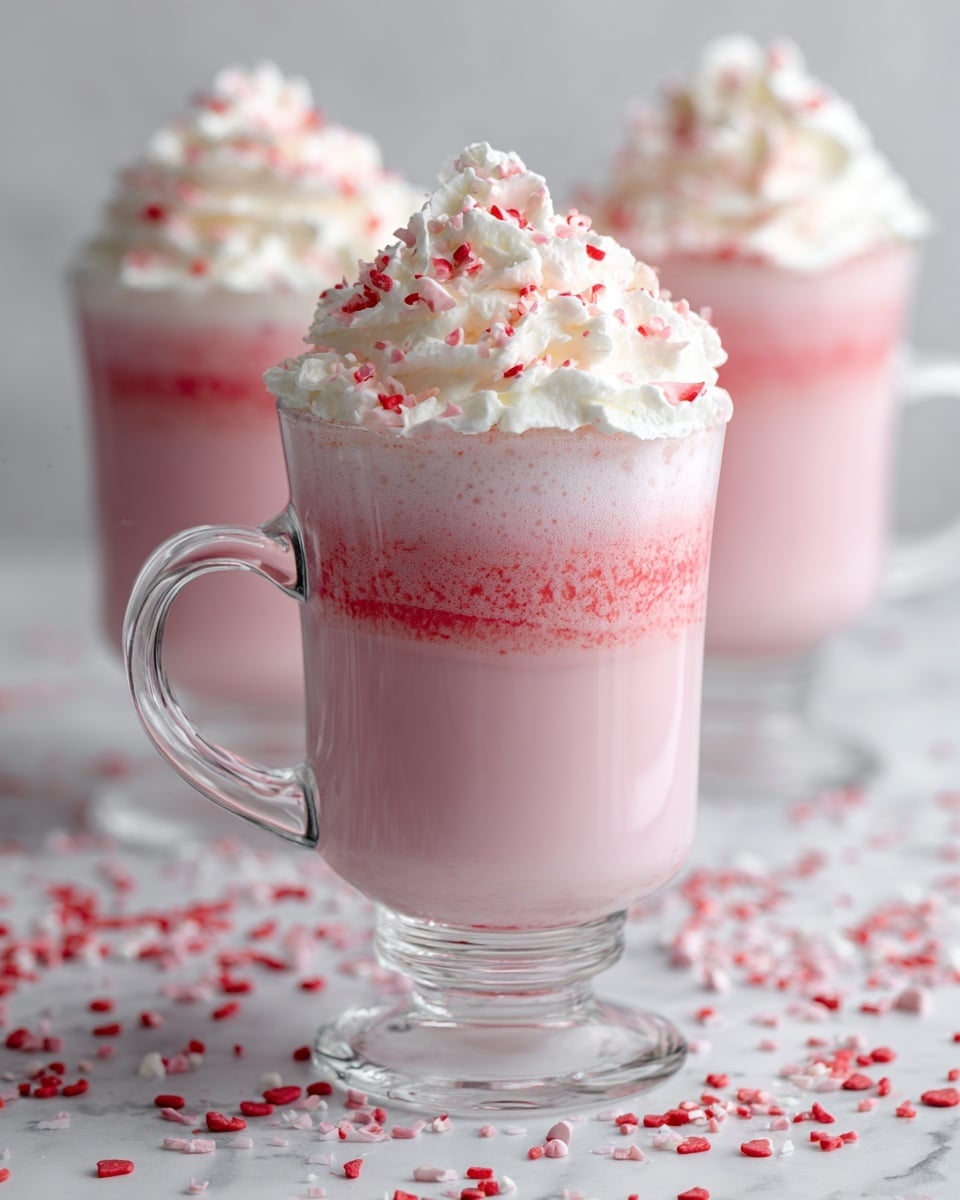 A clear glass mug shows a pink creamy drink filling about three-quarters of the glass, topped with a thick layer of white whipped cream that has small bits of red and pink sprinkles scattered on top. The glass has a decorative base and a clear handle on the right side. Behind it, two more similar glasses filled with the same pink drink and whipped cream are slightly out of focus. The drink sits on a white marbled surface with small red and pink sprinkles scattered around, and the background is soft and neutral, adding to the cozy feel. photo taken with an iphone --ar 4:5 --v 7