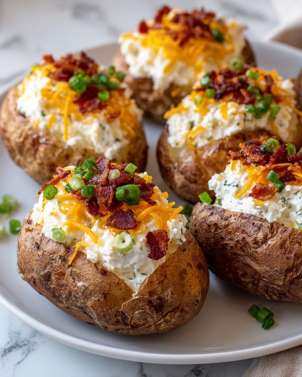 A close-up view of five baked potatoes on a white plate, each potato with a rough brown skin base. On top, there is a creamy white layer mixed with small bits of potato, covered by a bright orange shredded cheese layer. The cheese is sprinkled with small dark red pieces of crispy bacon and topped with chopped fresh green onions. Some green onion pieces are scattered around the white plate on a white marbled surface. The image focuses sharply on the front potato, showing its detailed textures clearly, with the others softly blurred in the background. Photo taken with an iphone --ar 4:5 --v 7