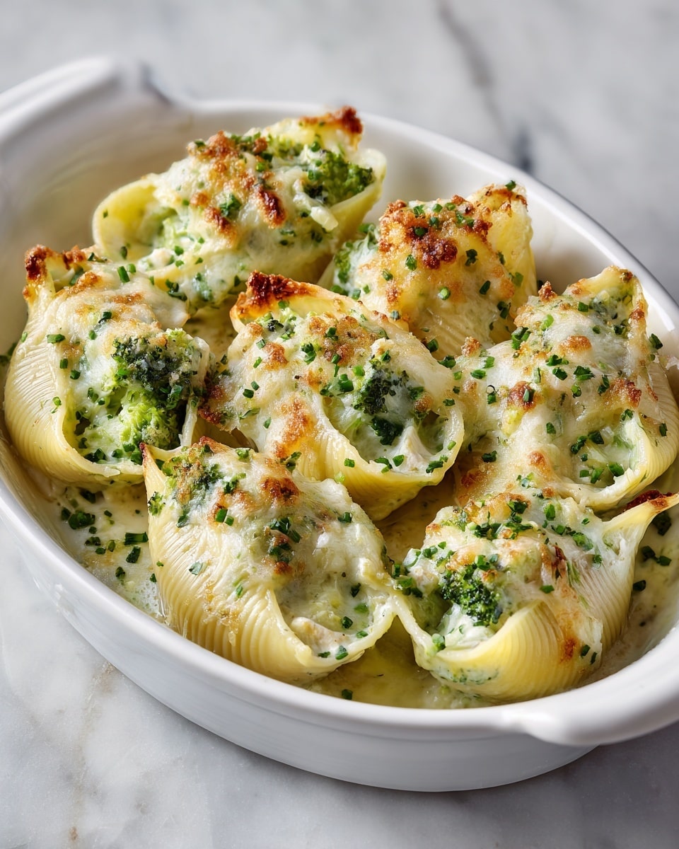 The image shows a white oval dish filled with large pasta shells, each stuffed with a mix of green broccoli florets and white pieces of chicken. The pasta shells have a creamy white sauce on top, covered with melted cheese that has slightly browned spots from baking. The shells are sprinkled with small green herb pieces, adding color and texture. The pasta shells are closely packed, with visible ridges on the pasta and a smooth, creamy melting cheese layer on top. The background is a white marbled surface. photo taken with an iphone --ar 4:5 --v 7