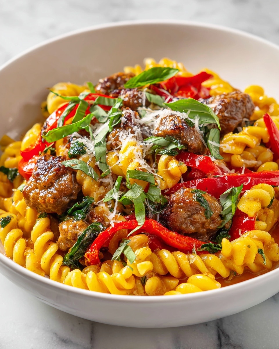 A white bowl filled with short twisted pasta coated in a light orange sauce forming the base layer, topped with browned meat sausage slices scattered evenly, bright red roasted pepper strips layered throughout, finely grated white cheese sprinkled on top, and thinly sliced green basil leaves scattered over everything. The bowl sits against a white marbled surface. photo taken with an iphone --ar 4:5 --v 7