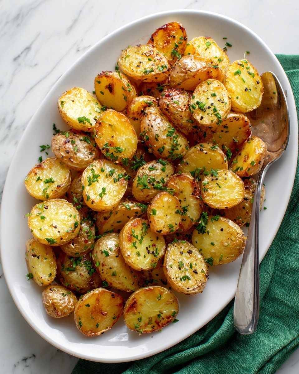 The image shows a white oval plate filled with roasted baby potatoes cut in halves, arranged in a slightly overlapping layer. The potatoes have a golden-brown color with crispy skins, and the inside is soft and yellow. There are small green herb pieces, likely parsley, sprinkled all over the potatoes, adding a fresh contrast. The plate is placed on a green cloth with a white marbled surface beneath, with a metal spoon partially visible on the right side. Photo taken with an iphone --ar 4:5 --v 7