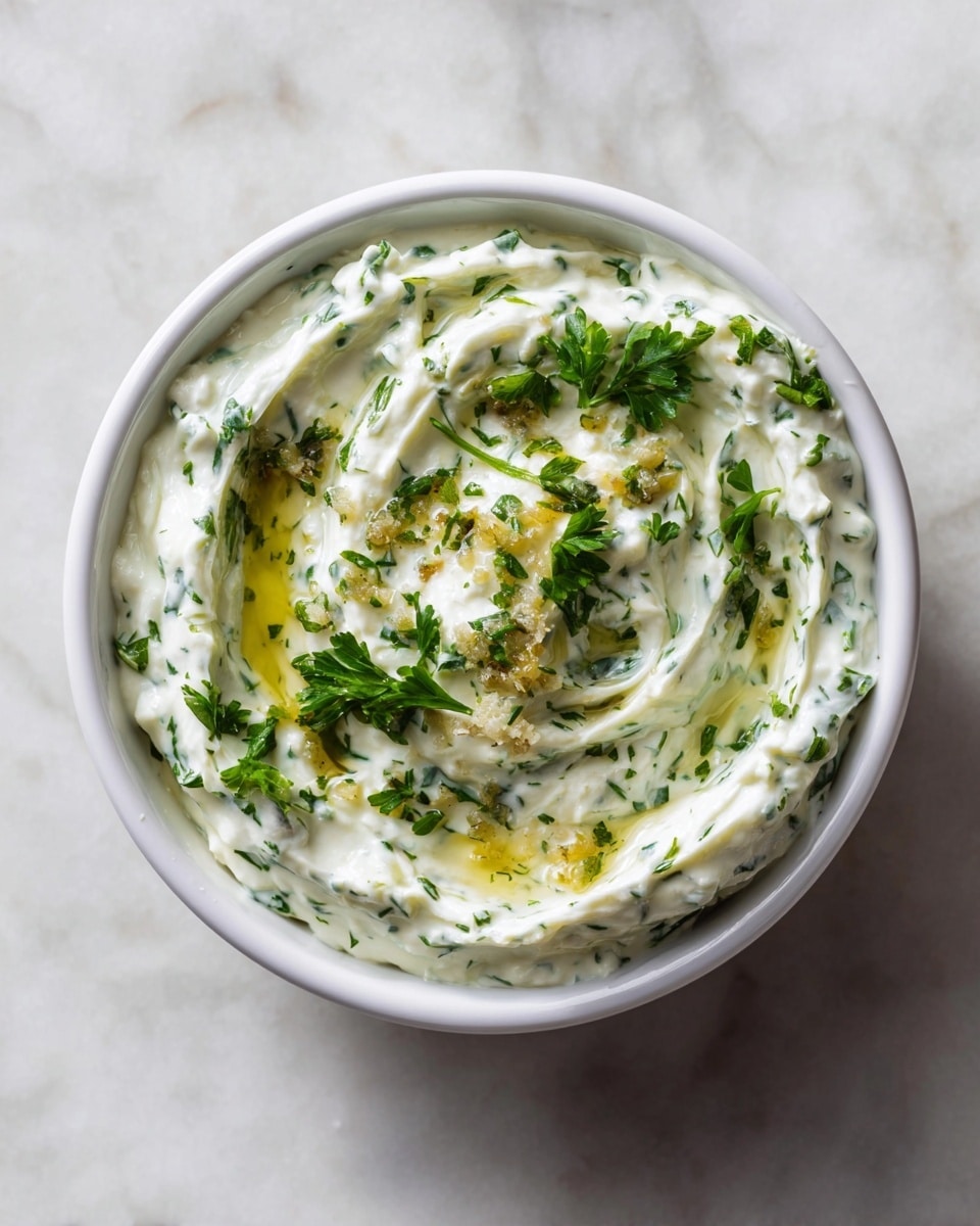 A small white bowl filled with a creamy white yogurt dip mixed with finely chopped green herbs, giving it a speckled green texture throughout. The dip is swirled neatly, with a light drizzle of golden olive oil in the center. On top, there are small bits of minced garlic or ginger and sprigs of fresh parsley adding bright green contrast. The bowl sits on a white marbled surface with soft natural light highlighting the creamy texture and fresh herbs. photo taken with an iphone --ar 4:5 --v 7