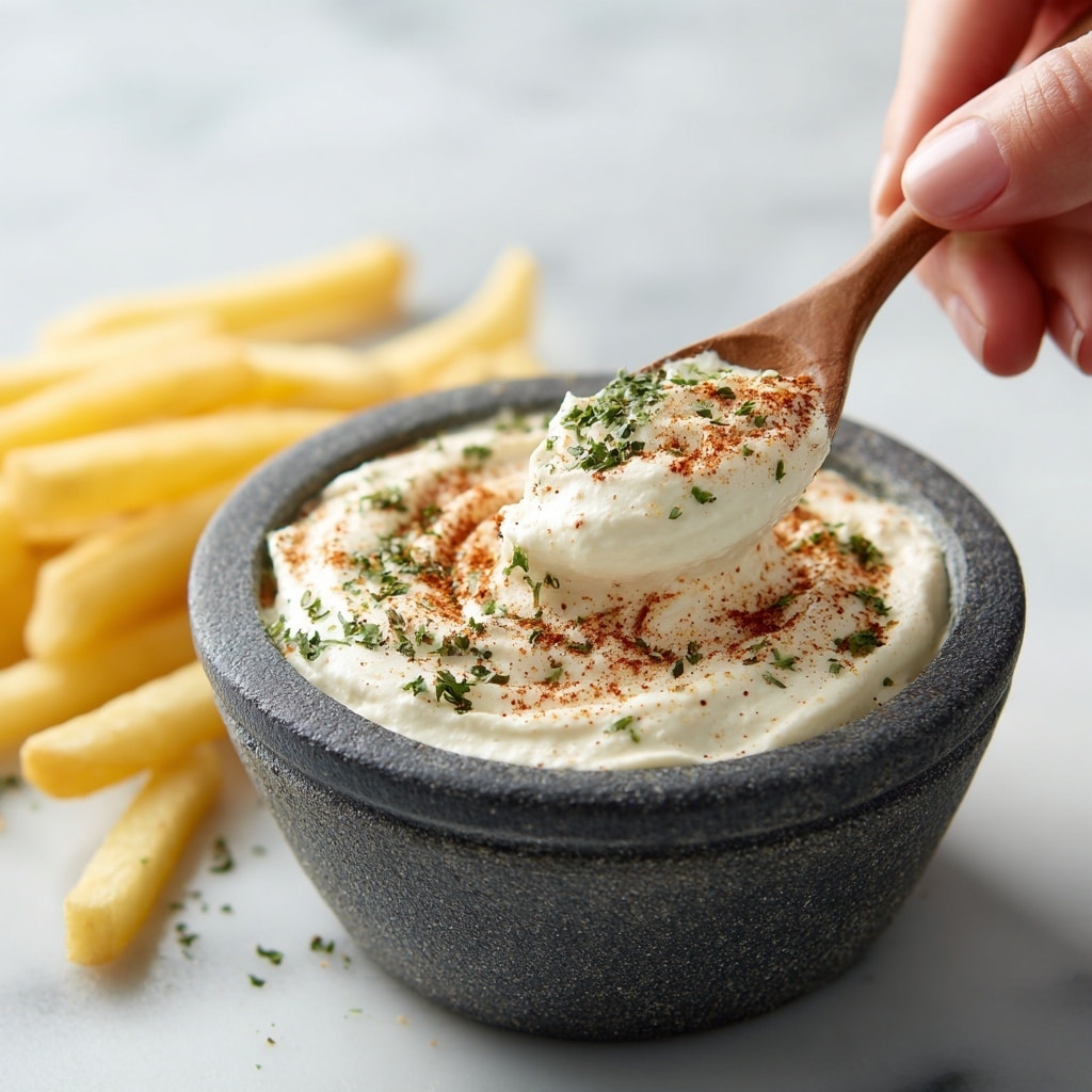 A close-up image of a gray stone bowl filled with creamy white sauce, topped with green parsley and a sprinkle of brown spice, sitting on a round wooden board. A wooden spoon is lifting a smooth, thick scoop of the sauce from the bowl. In the background, there are blurred fries and a yellow bottle on a white marbled surface. photo taken with an iphone --ar 4:5 --v 7