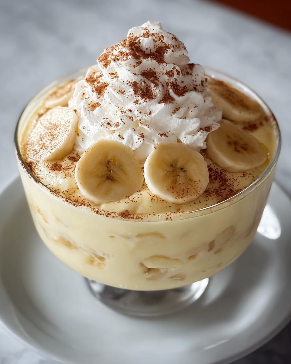 A glass bowl filled with a creamy, light yellow dessert that appears to be banana pudding. The bottom layer is smooth pudding, followed by a slightly thicker middle layer of pudding mixed with small pieces for texture. The top layer is a fluffy, whipped cream mound dusted with brown cinnamon or cocoa powder, surrounded by five banana slices evenly placed around the whipped cream peak. The bowl sits on a white plate on a white marbled surface. photo taken with an iphone --ar 4:5 --v 7