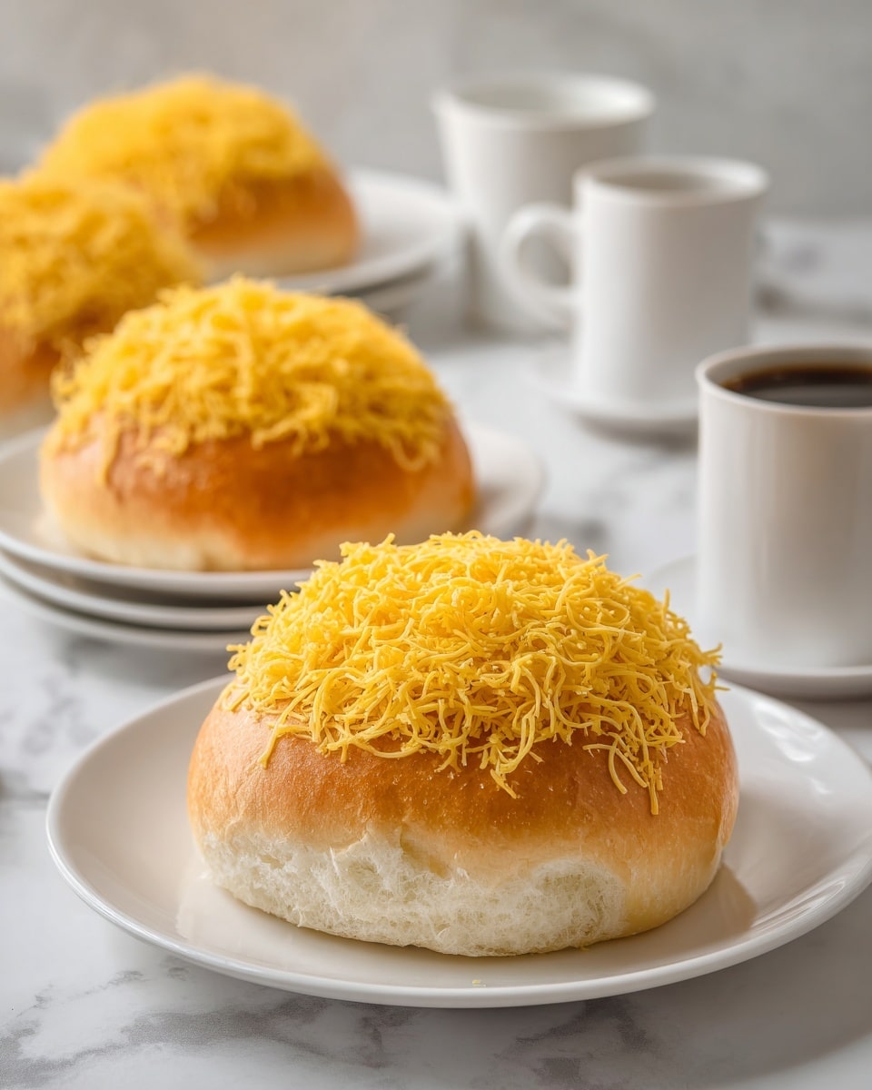 The image shows three round bread rolls with a shiny golden-brown top layer, covered with a thick layer of yellow shredded cheese. Each roll has a soft, light cream baked middle layer that looks fluffy, sitting on a white plate with a light gray rim. The front roll is centered and clear, while two more are slightly blurred in the background on a white marbled surface. To the left, there is a white cup with a saucer, adding to the simple setting. Photo taken with an iphone --ar 4:5 --v 7