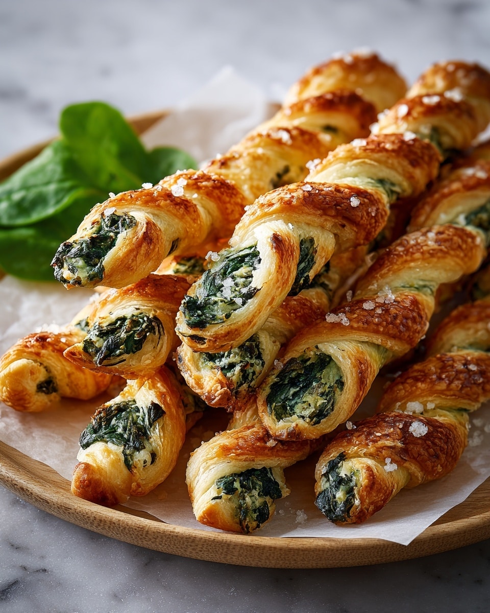 The image shows several twisted pastry sticks arranged closely on white parchment paper over a round black plate, placed on a white marbled surface. Each stick has layers: the outer golden-brown crust is flaky and sprinkled with coarse salt, while inside is a green spinach filling mixed with melted white cheese, visible in the twists. The pastries look crispy with some parts puffed up, showing different textures from firm crust to soft filling. In the background, a blurred green leafy garnish adds a fresh touch. photo taken with an iphone --ar 4:5 --v 7