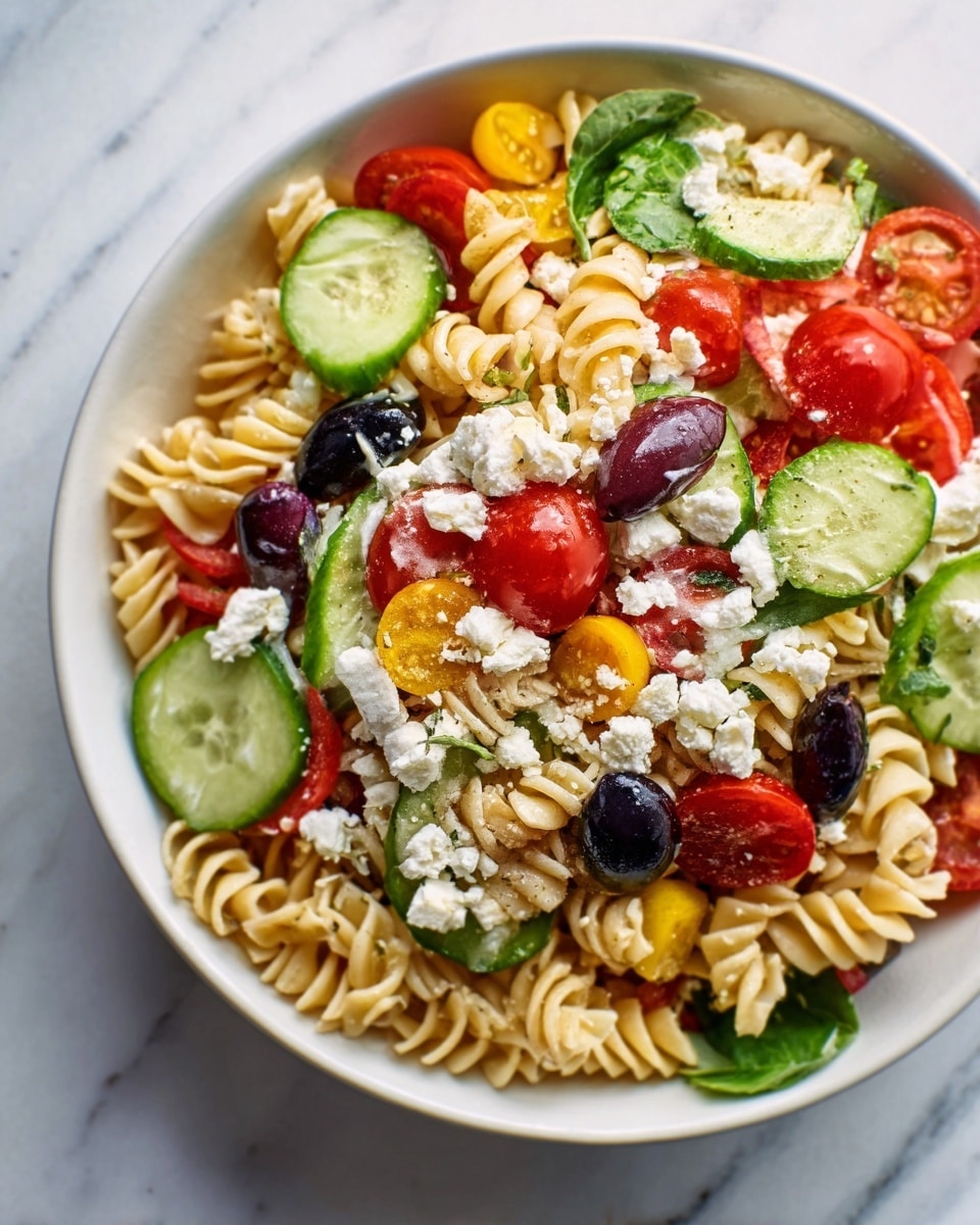 A white bowl is filled with a colorful pasta salad made of spiral pasta as the base layer. On top, there are slices of cucumber and halved cherry tomatoes scattered evenly. Black olives and small bits of crumbled white cheese dot the surface, along with pieces of green leafy herbs. The textures include the smooth pasta, crisp vegetables, and soft cheese. The scene is set on a white marbled background, with the bright colors of the fresh ingredients creating a fresh look. Photo taken with an iphone --ar 4:5 --v 7