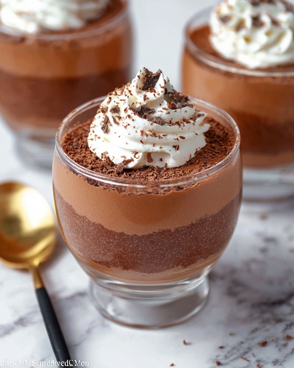 A clear glass cup filled with three layers of smooth, dark brown chocolate mousse with a light, creamy texture. The top layer is dusted with fine cocoa powder and sprinkled with small dark chocolate shavings. On the very top, there is a swirl of white whipped cream, light and fluffy, slightly dusted with cocoa powder. The cup is placed on a white marbled surface, with parts of two other similar mousse cups and small chunks of dark chocolate partially visible in the background. Photo taken with an iphone --ar 4:5 --v 7