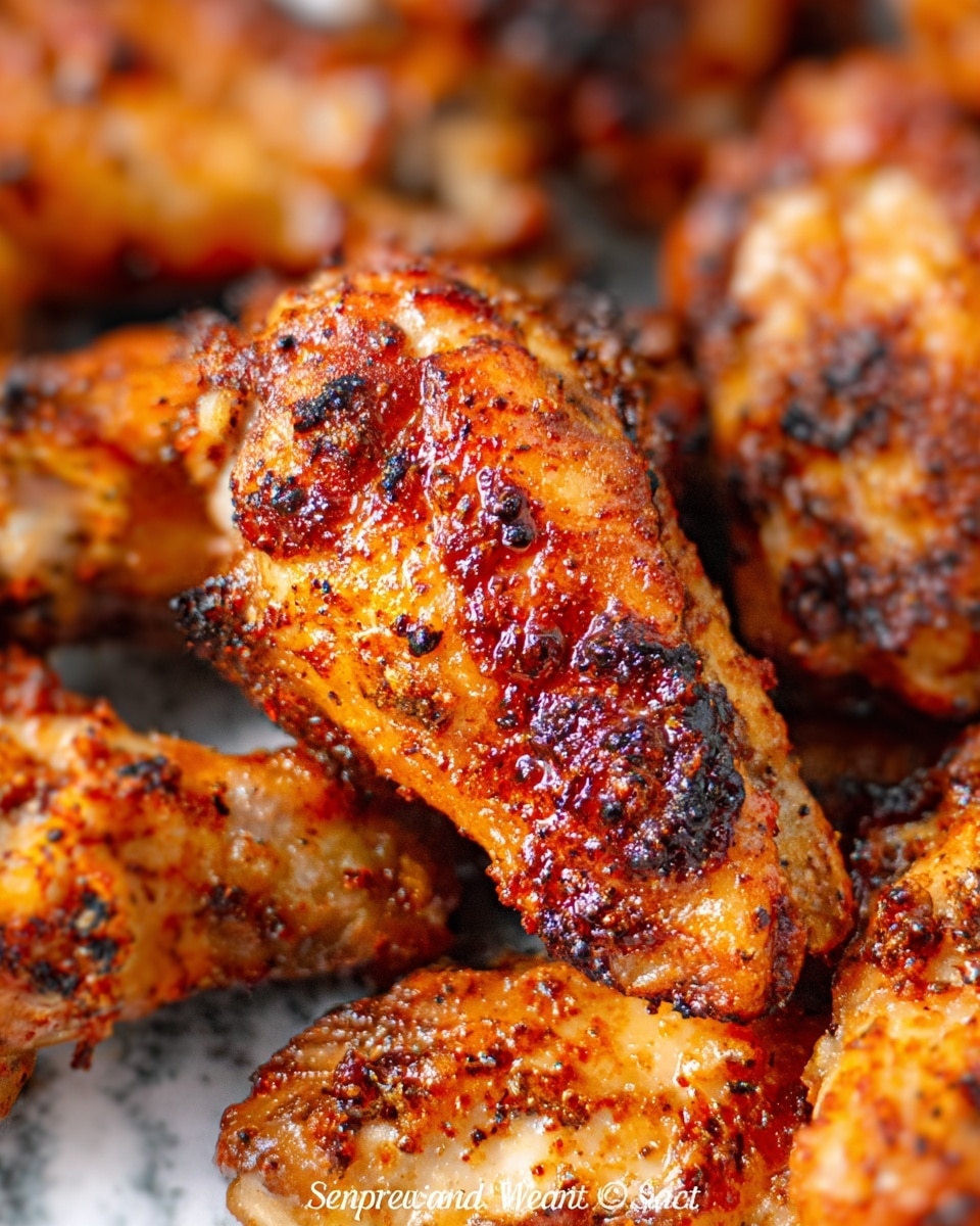 The image shows a close-up of several pieces of grilled chicken wings with a crispy, golden-brown outer layer. The wings have a slightly charred and textured surface with visible seasoning and spices, giving them a rich orange-red color with darker burnt spots. The shiny glaze on the wings adds a juicy and appetizing look, and the parts of the chicken that are white can be seen peeking through under the crispy skin. The focus is on the central wing, making the texture and color details clear. The background is a white marbled texture. photo taken with an iphone --ar 4:5 --v 7