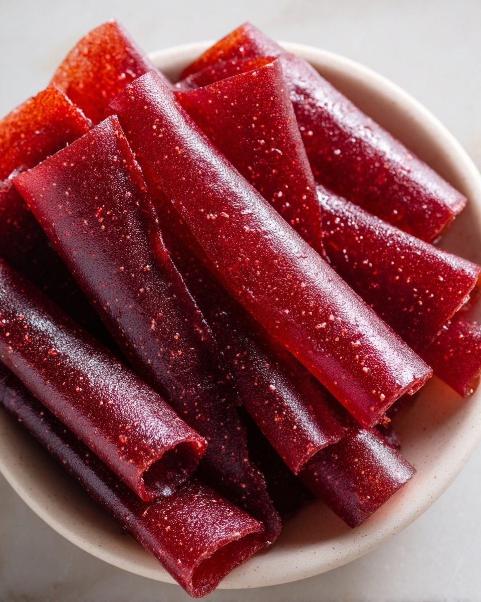A close-up view of a small round white bowl filled with several rolled fruit leather strips. The strips are a deep red color with a glossy, slightly sticky texture, showing tiny specks within the fruit leather. The rolls are stacked in a slightly overlapping manner, creating a layered look with some strips resting on top of others. The bowl sits on a white marbled surface. photo taken with an iphone --ar 4:5 --v 7