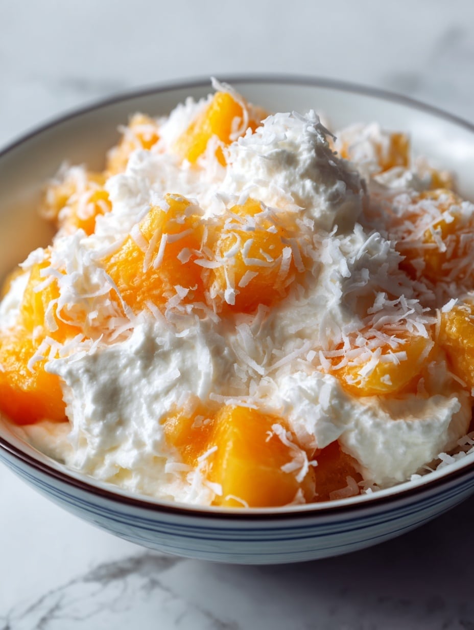 The image shows a close-up of a creamy dessert in a white bowl with a dark rim, placed on a white marbled surface. The dessert has two visible layers: the bottom layer consists of bright orange fruit pieces, likely mandarin or orange segments, with a juicy and soft texture. The top layer is a thick and fluffy white cream or whipped topping, generously covering the fruit pieces with small peaks and soft clouds of cream. Some parts of the fruit peek through the cream, creating a contrast between the orange and white colors. The overall look is light and soft, with a fresh and sweet appearance. photo taken with an iphone --ar 4:5 --v 7