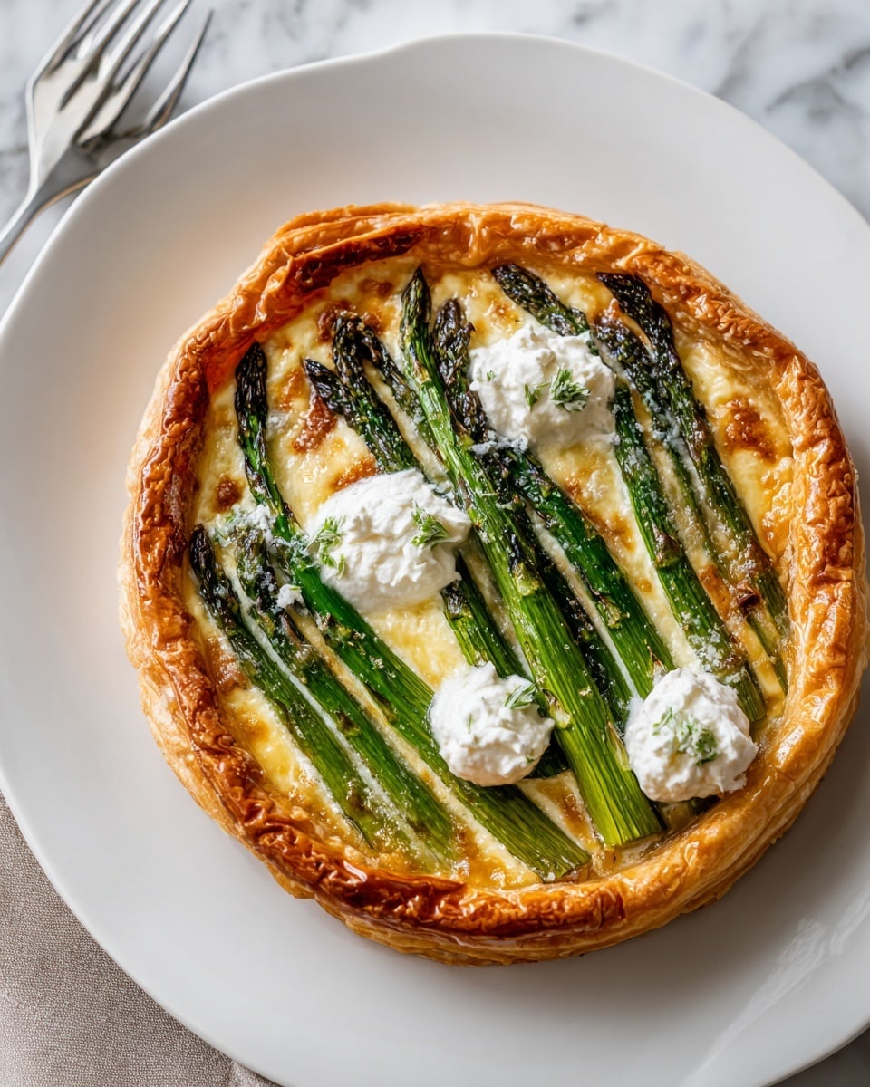 A round puff pastry tart with a golden, shiny crust sits on a white plate, showing its flaky and slightly raised edges. The tart features a layer of green asparagus spears arranged in the center, topped with dollops of creamy white cheese spread evenly across the surface. Small bits of herbs or seasoning are scattered on top, adding texture and color. The background is a white marbled texture, with a blurred light blue cloth and a woman's hand holding a fork near the top right corner. Photo taken with an iphone --ar 4:5 --v 7