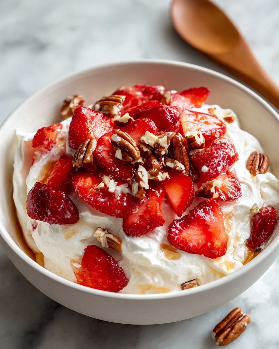 A white bowl filled with a layered dessert starting with a base layer of whipped cream that is soft and white, topped with a thick layer of bright red sliced strawberries that are shiny and fresh. There is another layer of whipped cream mixed in between the strawberries, visible as creamy white patches. The top layer is covered with pecans that have a rich brown color and a crunchy texture, scattered unevenly over the strawberries and cream. The bowl is placed on a white marbled surface, and in the background, parts of a wooden spoon and some strawberry tops are slightly visible. photo taken with an iphone --ar 4:5 --v 7