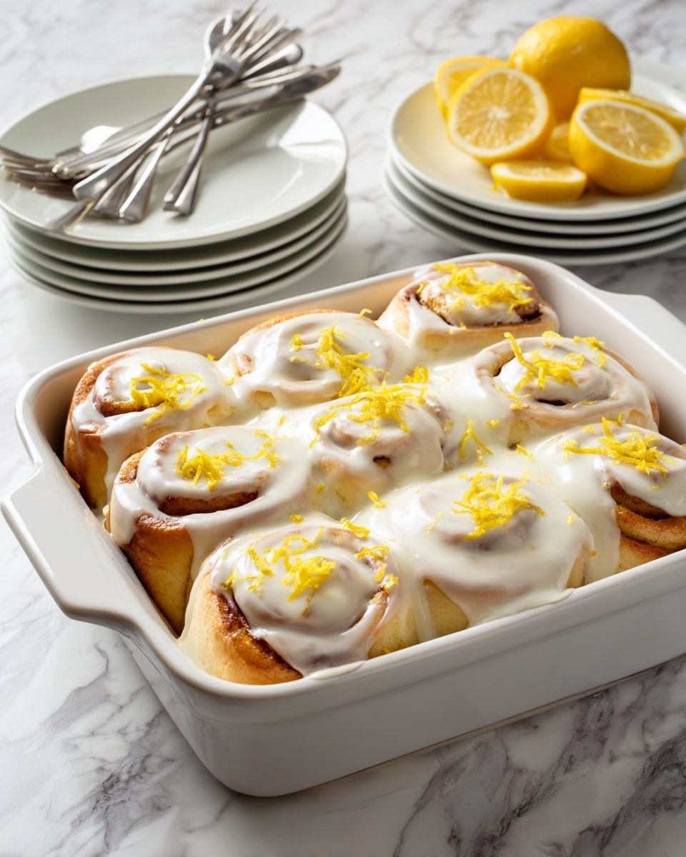 A white rectangular baking dish contains eight cinnamon rolls arranged in three rows, covered with a thick, creamy white icing that pools around them. Each cinnamon roll has a golden brown swirl pattern visible beneath the smooth icing, topped with bright yellow lemon zest scattered all over. Four small lemon wedges are placed on different rolls, adding a fresh, vibrant contrast to the pale icing. The dish is placed on a white marbled surface with a stack of white plates and metallic forks nearby, along with a white plate holding additional lemon slices in the background. photo taken with an iphone --ar 4:5 --v 7