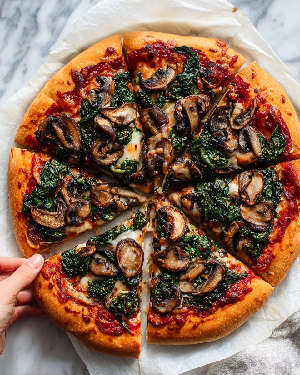 A round pizza cut into eight slices on white parchment paper, placed over a white marbled surface. The pizza has a thick, golden-baked crust with a smooth red tomato sauce spread evenly as the first layer. On top, there is a layer of melted white cheese with a slightly glossy texture. The cheese is covered by wilted dark green spinach leaves scattered across the pizza. Finally, thinly sliced light and dark brown mushrooms are spread evenly over the spinach, giving the pizza a fresh and earthy look. Near the edge, you can see a woman's hand holding the parchment paper edge gently. Photo taken with an iphone --ar 4:5 --v 7
