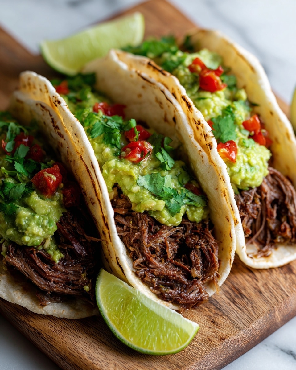 Three soft white corn tortillas with light brown grill marks are folded and filled with shredded dark brown beef at the bottom layer, topped with a layer of green guacamole mixed with small red tomato pieces, and garnished with fresh green cilantro leaves on top. The tacos rest on a wooden board, with bright green lime wedges placed between the tacos on a white marbled surface. Photo taken with an iphone --ar 4:5 --v 7