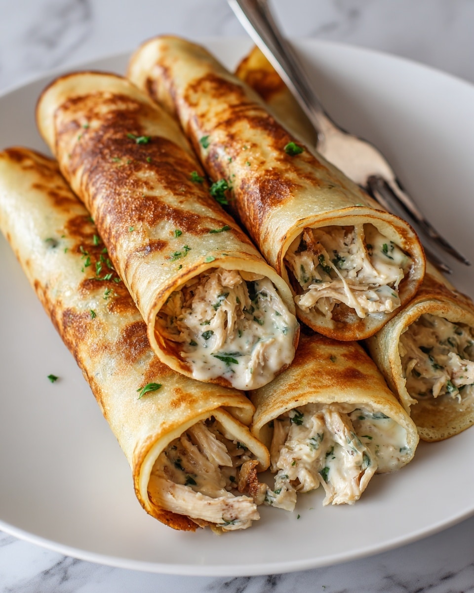 The image shows four rolled crepes on a white plate, each crepe with a golden-brown, slightly crispy outer layer. Inside, shredded chicken mixed with a creamy white sauce containing green herbs fills the crepes, visible at both ends of each roll. The crepes are stacked neatly, with two on the bottom and two on top, and a silver fork lies on the edge of the plate. The surface beneath the plate is a white marbled texture. photo taken with an iphone --ar 4:5 --v 7