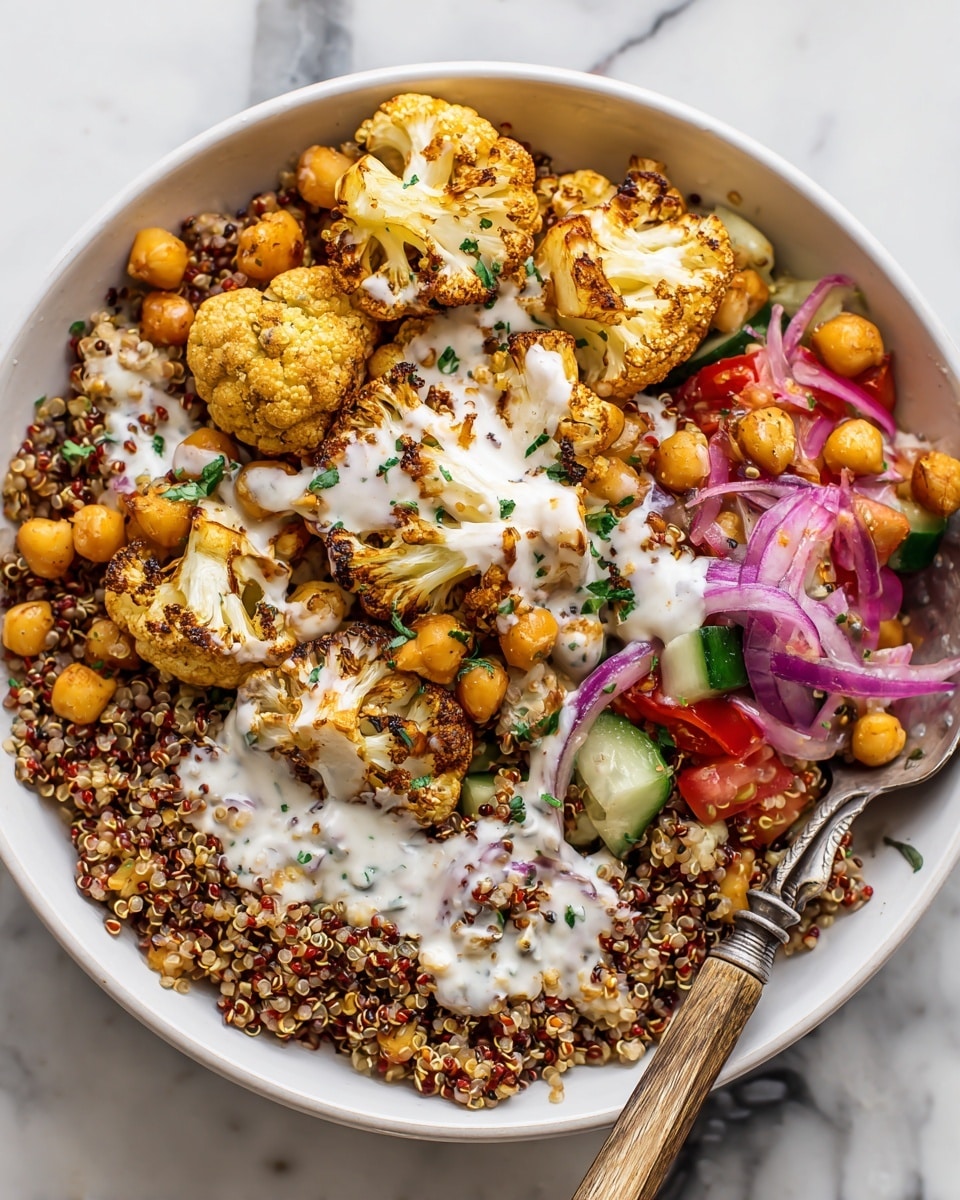 A white bowl filled with a colorful roasted cauliflower salad. The bottom layer has small cooked chickpeas mixed with fluffy tricolor quinoa and bits of chopped red onion, all light brown and purple in color. On top, there are golden brown roasted cauliflower florets with some light green parsley sprinkled throughout. Around the edges, diced light green cucumber and diced light orange tomato pieces add freshness. A creamy white sauce is drizzled over the cauliflower in the center. A wooden spoon is placed in the bowl partly covered by the sauce. The bowl sits on a white marbled surface. photo taken with an iphone --ar 4:5 --v 7