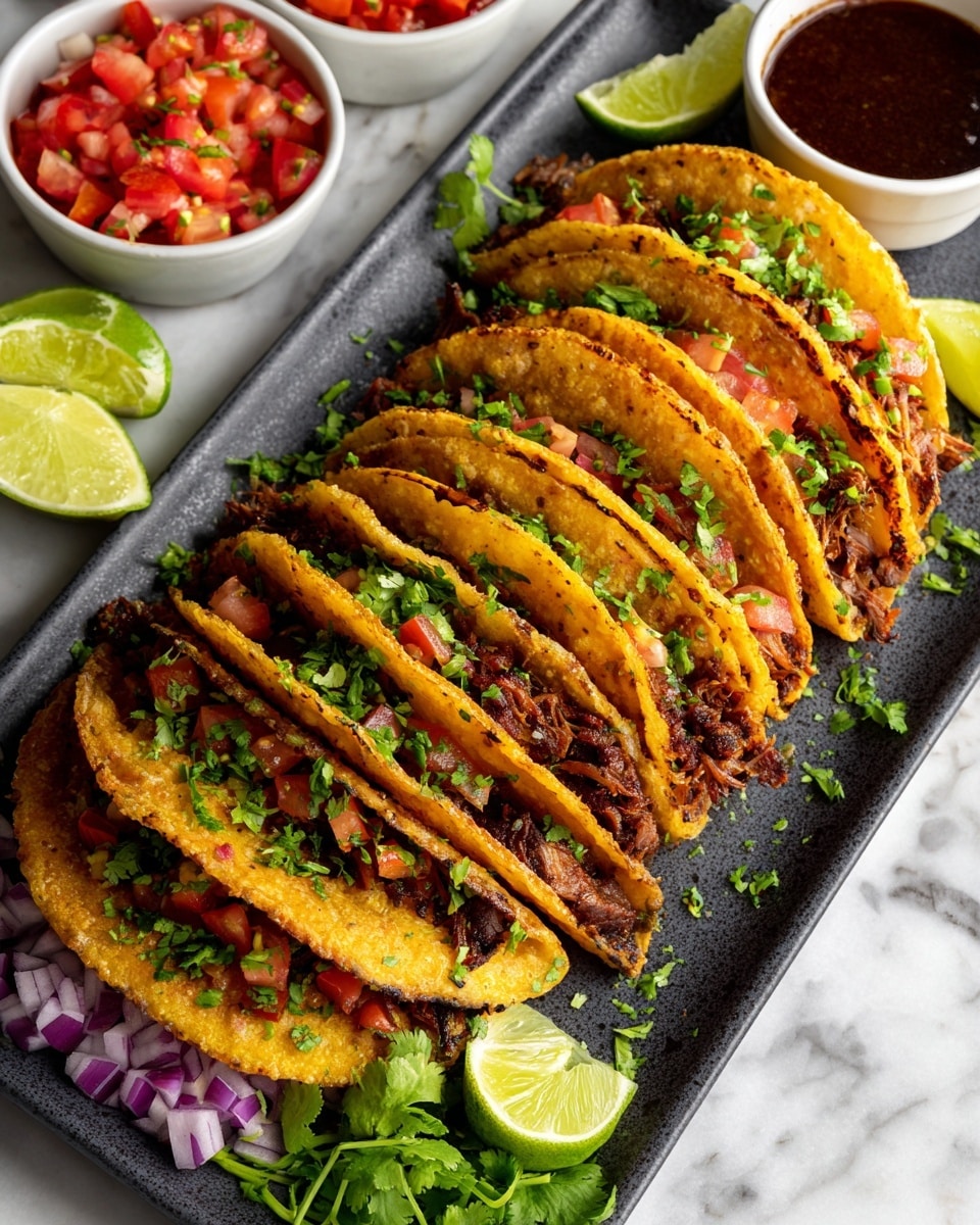 A dark gray rectangular plate holds six golden-brown folded tacos arranged in a slightly overlapping row. Each taco shell looks crispy with a light char, filled with dark brown meat inside. The tacos are garnished with small pieces of green cilantro scattered on top. Around the tacos, there are red diced tomatoes and chopped purple onions placed on the white marbled surface, along with bright green lime wedges and fresh cilantro leaves adding color and freshness. Small bowls of red diced tomatoes, dark sauce, and chopped purple onions surround the plate, all against a white marbled background. photo taken with an iphone --ar 4:5 --v 7