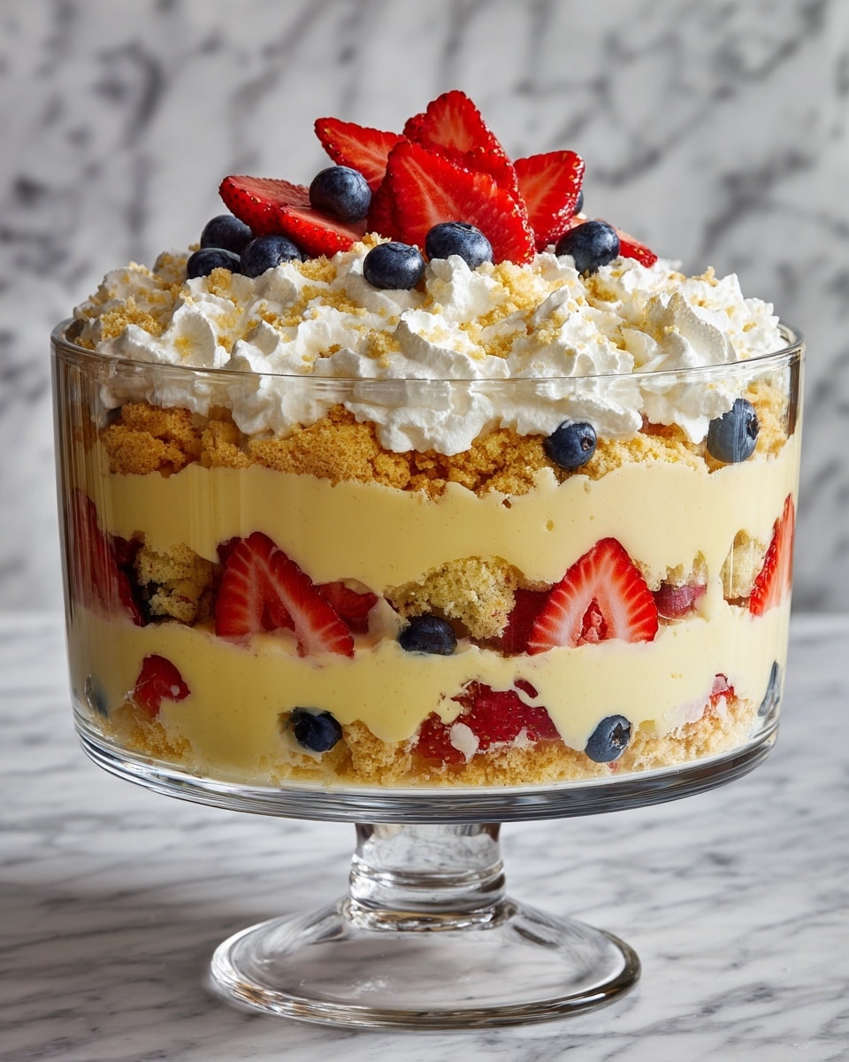 A clear glass trifle bowl holds a three-layer dessert standing on a clear pedestal. The bottom layer is light brown cake with visible crumbs. Above that is a thick layer of pale yellow custard dotted with halves of bright red strawberries and whole dark blue blueberries. The next layer is a thick spread of white whipped cream that also contains some blueberries and strawberry halves pressed against the glass. Another layer of cake lies above, again topped by a thick yellow custard with strawberries and blueberries arranged to show through the bowl. The top layer is a large, fluffy mound of white whipped cream, crowned with a heap of whole blueberries and strawberries cut into halves and slices. The scene is set on a white marbled surface with a soft background, focusing on the vivid colors and layered textures of the dessert. photo taken with an iphone --ar 4:5 --v 7