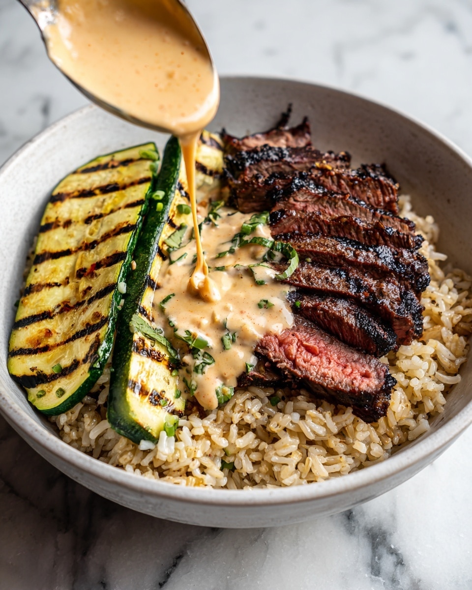 Grilled Steak Bowl with Creamy Herb Sauce and Zucchini over Rice Recipe