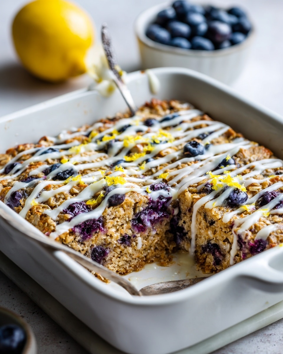 A white casserole dish holds a baked oatmeal with visible texture from oats and poppy seeds, studded with whole blueberries that add deep purples and blues throughout. The oatmeal layer is thick, golden tan with hints of toasted oat edges. White creamy drizzle is laid in diagonal thin streams across the top, contrasting with the rustic natural texture and scattered yellow lemon zest for a bright pop of color. A wedge has been cut out, showing the soft, moist crumb inside with bits of blueberries oozing purple juice. The dish sits on a white marbled surface with a white bowl of fresh blueberries and a halved lemon nearby, giving a fresh, homely feel. Photo taken with an iphone --ar 4:5 --v 7