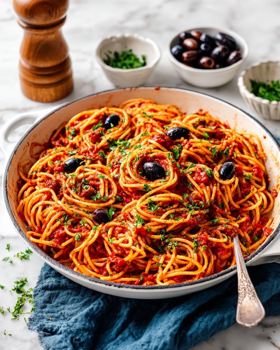 A white pan filled with spaghetti coated in a red tomato sauce, with black olives scattered throughout, topped with bright green chopped parsley, the pasta strands are long and slightly glossy, the sauce has a chunky texture with visible pieces of tomato, the pan has a wooden handle resting on a blue cloth, in the background are two small white bowls, one with black olives and the other with green parsley leaves, all placed on a white marbled surface, a wooden pepper grinder sits nearby, photo taken with an iphone --ar 4:5 --v 7