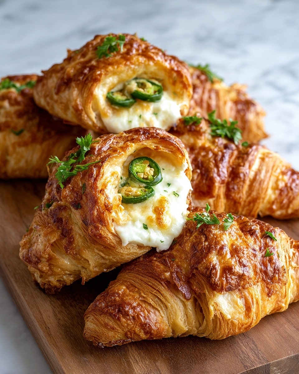 The image shows four crescent-shaped pastries with golden-brown, flaky layers. Each pastry is twisted to reveal a creamy white filling inside that is topped with small green herb leaves and thin slices of green pepper. The pastries have a slightly shiny, crisp outer crust with some darker brown spots from baking. They are arranged close together on a wooden board, which contrasts softly with the white marbled texture underneath. photo taken with an iphone --ar 4:5 --v 7