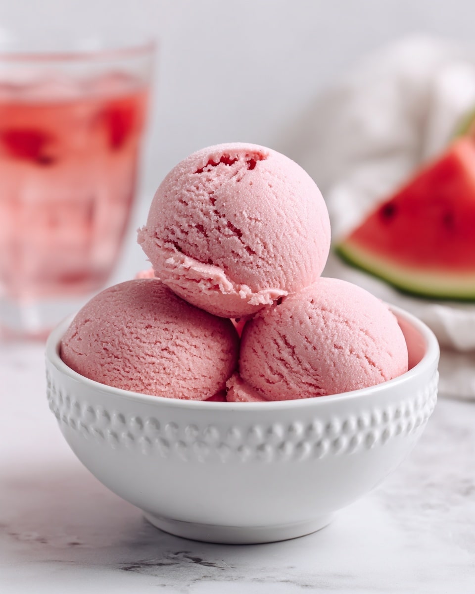 The image shows a white bowl filled with three round scoops of soft pink ice cream, each scoop smooth with a slightly textured surface and a small indentation or bite mark on the top scoop. The bowl has a dotted pattern around its edge. The background is a white marbled texture with a blurred pink drink and a slice of red watermelon visible in the distance. photo taken with an iphone --ar 4:5 --v 7