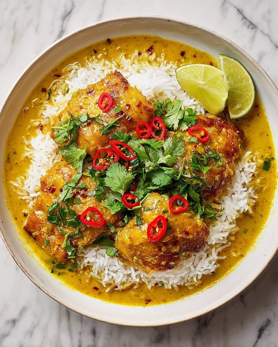 A round white bowl filled with a base layer of fluffy white rice, topped with three pieces of golden yellow fish coated in a thick curry sauce speckled with red chili flakes. The sauce pools around the rice, a warm yellow with hints of orange. On top of the fish, fresh green cilantro leaves and thin slices of red chili peppers add bright color and texture. Two lime wedges sit on the edge of the bowl. The bowl rests on a white marbled surface. Photo taken with an iphone --ar 4:5 --v 7