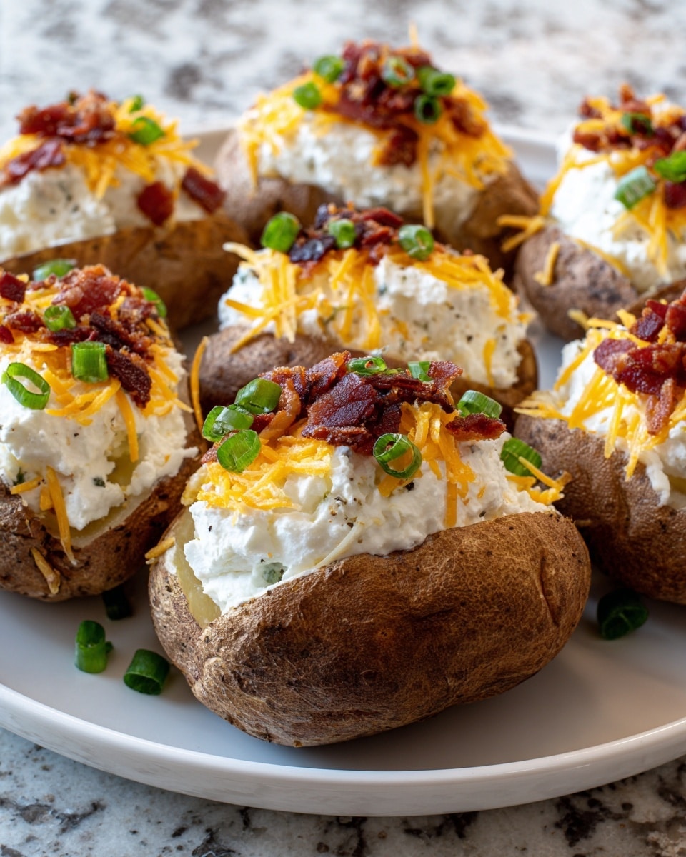The image shows several baked potatoes with a rough brown skin, each cut open and filled with a thick layer of creamy white sour cream mixed with herbs. On top, there is a layer of bright orange shredded cheddar cheese, followed by small bits of crispy dark red bacon. The topping is finished with fresh, chopped green onions scattered over the cheese and bacon. The potatoes sit closely on a white plate, which is placed on a white marbled surface. Photo taken with an iphone --ar 4:5 --v 7