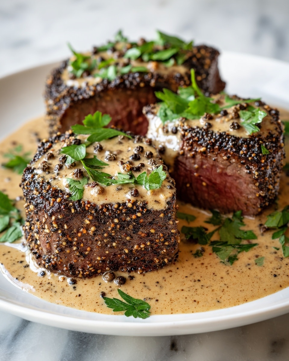 Three thick cuts of pepper-crusted steak rest on a white plate, each piece showing a dark, textured outer layer coated heavily with cracked black pepper. The steaks are topped and surrounded by a creamy, light brown peppercorn sauce with whole peppercorns scattered throughout. Fresh green parsley leaves sit on top of the sauce, adding a touch of color. The plate is set on a white marbled surface. photo taken with an iphone --ar 4:5 --v 7