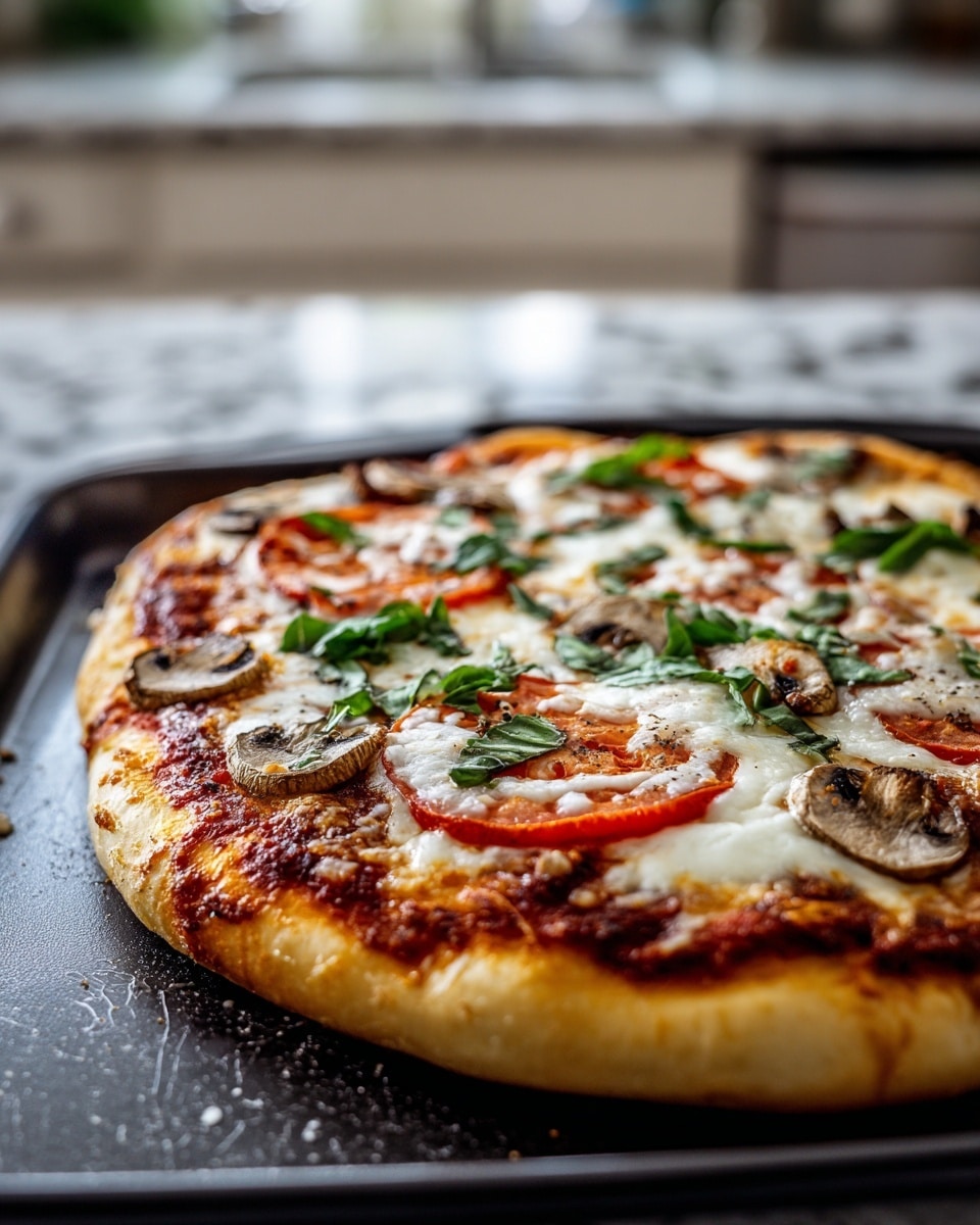 A freshly baked pizza sitting on a black baking tray with a thick golden crust. The pizza is topped with a rich red tomato sauce base, melted white cheese, slices of red tomato, scattered pieces of brown mushrooms, and fresh green basil leaves. The cheese is bubbly and slightly browned in spots, adding texture. The background shows a white marbled countertop with kitchen cabinets blurred out. Photo taken with an iphone --ar 4:5 --v 7