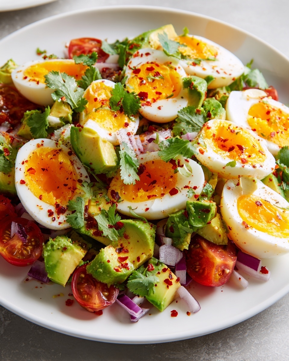 A white plate on a white marbled surface holds a colorful salad made of two main layers. The bottom layer is a mix of halved red cherry tomatoes, small chunks of green avocado, and bits of light purple onion scattered evenly. On top, six halved boiled eggs with bright yellow soft yolks and firm white edges are arranged in a circle. Fresh green cilantro leaves are spread over the eggs and salad, adding a touch of green contrast. The dish is finished with specks of red chili flakes and black pepper sprinkled across. Photo taken with an iphone --ar 4:5 --v 7