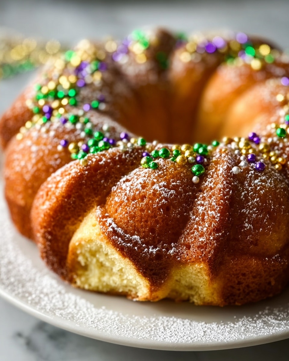 A small ring-shaped cake with a light golden brown crust and fluffy soft inside is shown on a white plate. The cake has eight rounded sections forming the ring, and the top is sprinkled with colorful tiny round sprinkles in green, purple, and yellow, scattered evenly. A light dusting of powdered sugar covers the cake and plate slightly. The background has a blurred view of similar cakes on a white marbled surface. Photo taken with an iphone --ar 4:5 --v 7