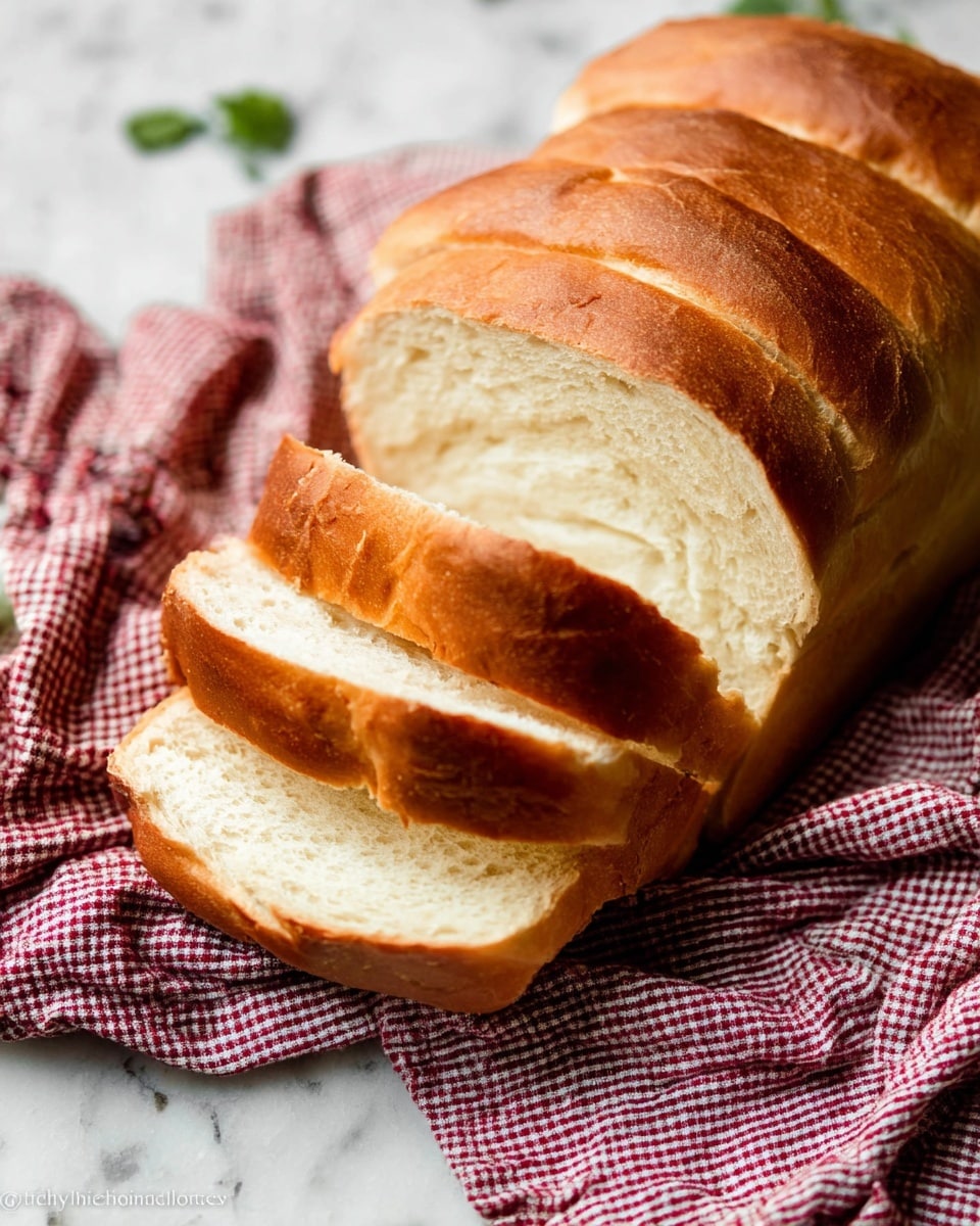 A stack of seven slices of soft white bread with a light golden brown crust is neatly arranged on a white marbled surface. The bread slices are placed on a red and white checkered cloth with slightly wrinkled texture, which adds a cozy and rustic feel. The inside of the bread appears fluffy and airy with a soft white color, and the crust looks smooth and gently browned. The layers of the bread slices are evenly aligned and slightly fanned out, showing the thickness and texture of each slice. Photo taken with an iphone --ar 4:5 --v 7