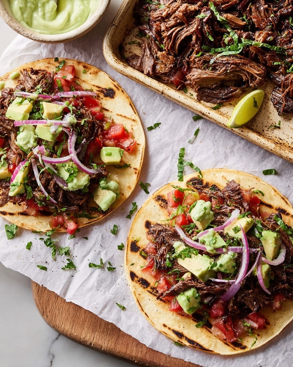 The image shows two grilled tacos on a white marbled surface lined with white parchment paper. Each taco is made of one light golden-brown tortilla with grill marks, layered with a bottom layer of diced red tomatoes, followed by a thick layer of dark brown shredded meat. On top of the meat, chopped light green avocado cubes and thin rings of light purple onion are scattered, finished with a bright green creamy sauce and small chopped dark green herbs sprinkled all over. Above the tacos, part of a rustic beige baking tray holds more shredded meat garnished with herbs. Small lime wedges and scattered green herb pieces decorate the white marbled surface. Photo taken with an iphone --ar 4:5 --v 7