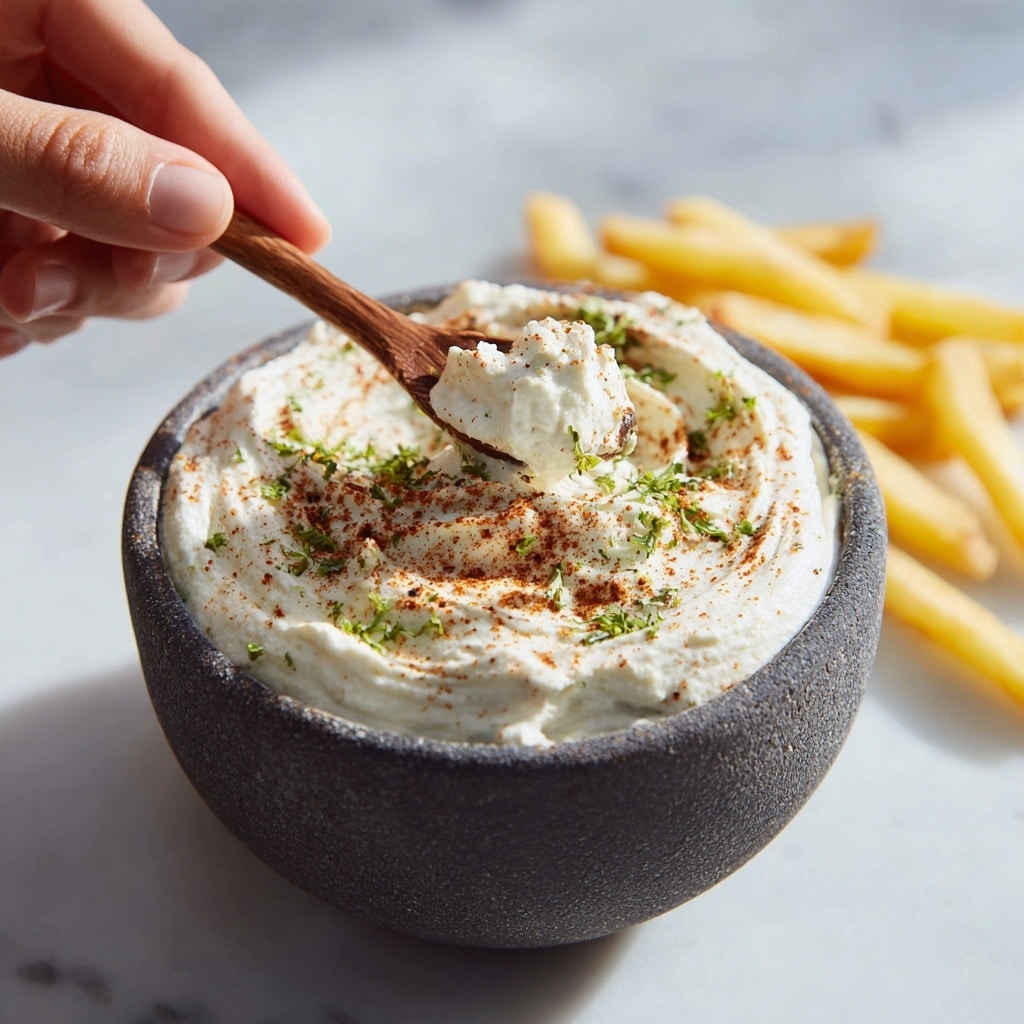 The image shows a small, dark gray stone bowl filled with creamy, white dip that has a smooth and thick texture. On top of the dip, there are small green herb pieces sprinkled all over and a light dusting of reddish-brown spice. A wooden spoon is scooping some of the dip from the bowl, held by a woman's hand, with a few yellow French fries lying next to the bowl. The background is a white marbled surface with soft light coming from the side. Photo taken with an iphone --ar 4:5 --v 7