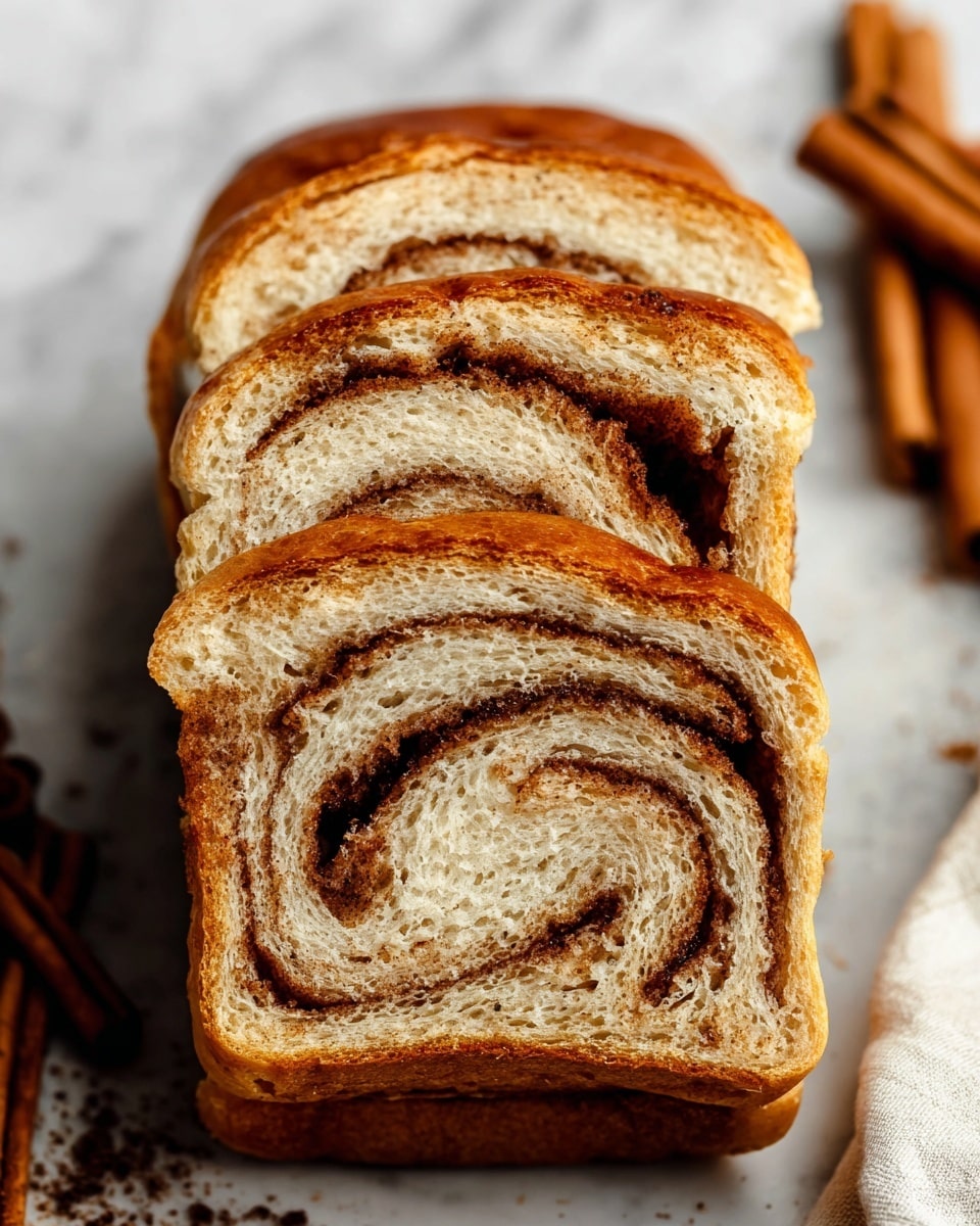 A close-up image of three thick slices of cinnamon swirl bread stacked vertically, showing detailed layers of soft, light tan bread and darker brown cinnamon sugar spirals inside. The top crust is golden brown with a slight shine and a few darker cinnamon spots. The texture inside looks airy and fluffy, with clear swirls of cinnamon filling in each slice. The background is a white marbled surface with blurred cinnamon sticks and scattered dark spice bits to the side, and a part of a white cloth is visible at the bottom edge. photo taken with an iphone --ar 4:5 --v 7