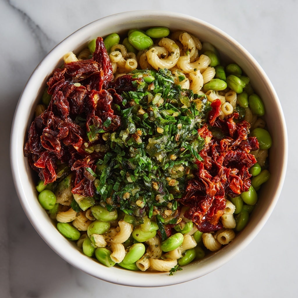 A bowl filled with three main layers: the base layer is small, bright green edamame beans; the middle layer consists of round, pale yellow slices mixed with pieces of light pink, thinly sliced sun-dried tomatoes; the top layer is a generous amount of finely chopped dark green kale sprinkled all over. The bowl is white and sits on a white marbled surface. photo taken with an iphone --ar 4:5 --v 7