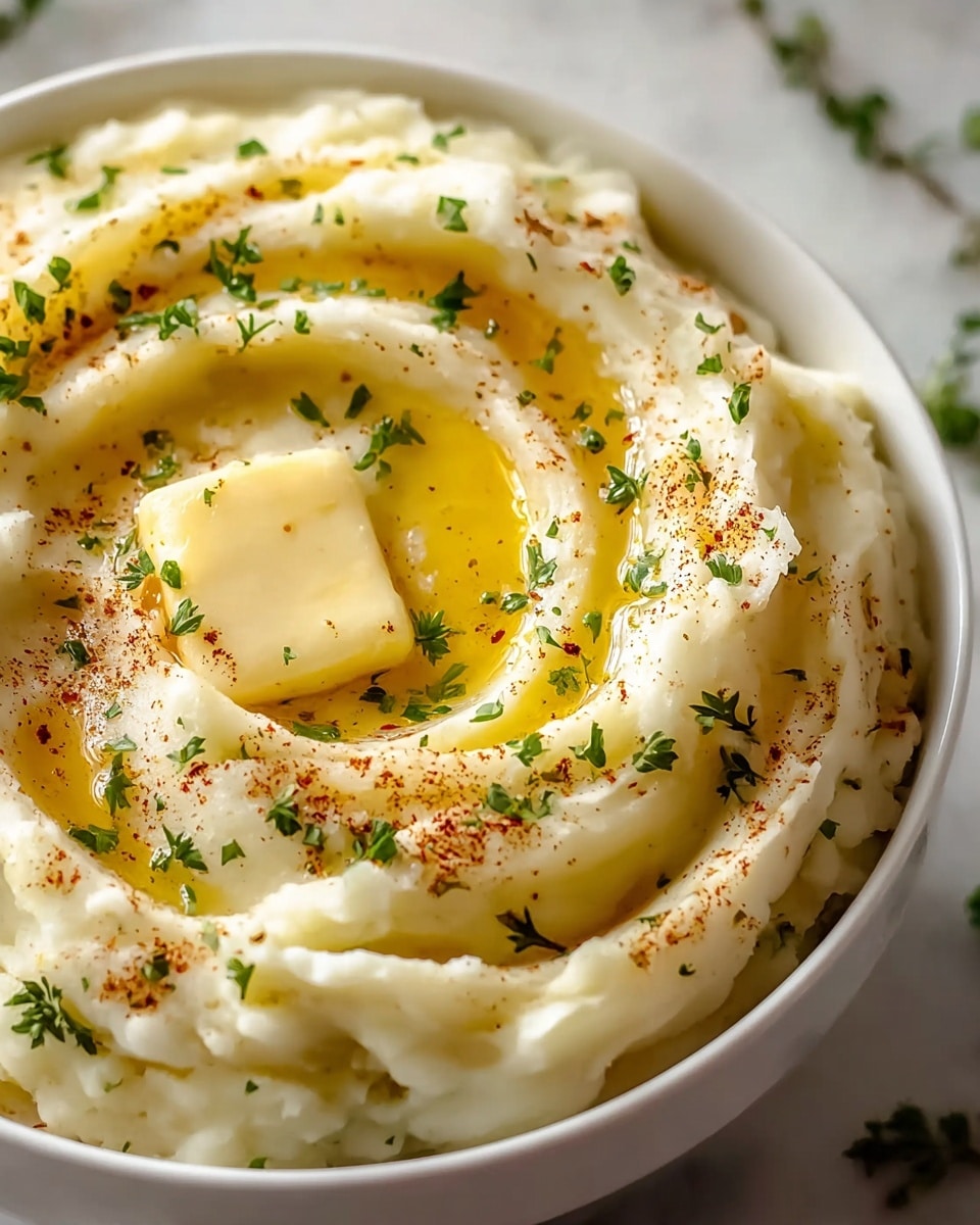 A close-up view of creamy mashed potatoes in a white bowl, formed into swirling layers with a soft, smooth texture. The top layer features a golden-yellow melted butter square sitting in the middle, surrounded by pools of glossy melted butter. The mashed potatoes are sprinkled with finely chopped green herbs and a light dusting of reddish-brown seasoning, adding color contrast. The bowl rests on a white marbled surface with blurred bits of similar herbs scattered lightly around. photo taken with an iphone --ar 4:5 --v 7