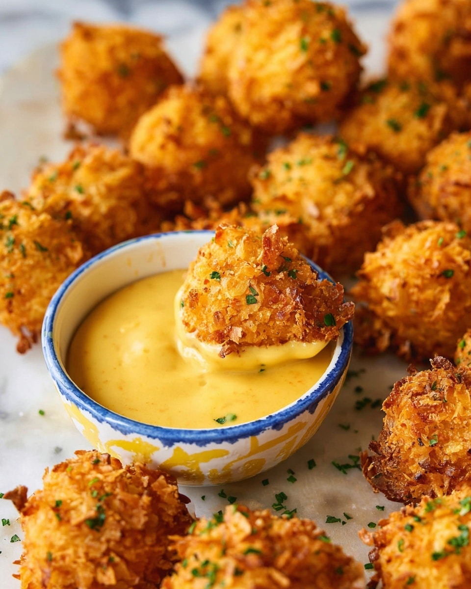 The image shows many small, round, golden-brown, crispy fried bites scattered on a white marbled surface, each sprinkled with finely chopped green herbs. In the middle, a white bowl with a colorful rim holds smooth, light yellow dipping sauce. A single fried bite is being dipped into the sauce by a woman's hand, showing its crunchy texture and small, uneven pieces on the outside. The background is softly blurred, keeping the focus on the sauce and the battered bites. photo taken with an iphone --ar 4:5 --v 7