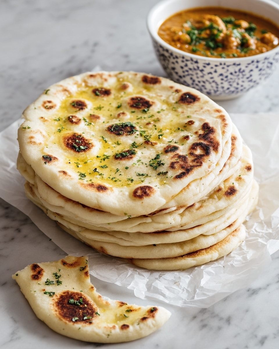 A stack of seven round flatbreads with a golden-brown toasted surface sits on white parchment paper, placed on a white marbled texture. The flatbreads have dark golden spots and soft, puffy textures with a light yellow oily layer on top, sprinkled with green herbs. One piece is cut and lies in front of the stack, showing its soft inside. In the background, there is a bowl with a blue and white pattern filled with orange soup garnished with green herbs. Photo taken with an iphone --ar 4:5 --v 7