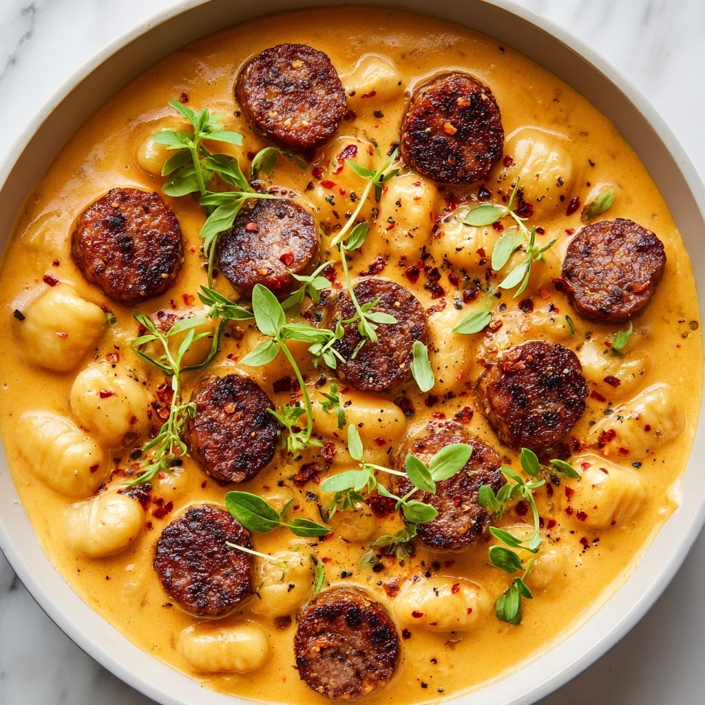 A close-up top view of a white pan filled with creamy orange butternut squash sauce that smoothy coats soft, plump gnocchi pieces. Scattered on top are browned, round sausage slices with a slightly crispy texture, adding rich browns with some char marks. Small sprigs of fresh green herbs and a light sprinkle of black pepper and red chili flakes are spread across the dish, adding pops of color and texture contrast against the creamy sauce. The pan sits on a white marbled surface. Photo taken with an iphone --ar 4:5 --v 7